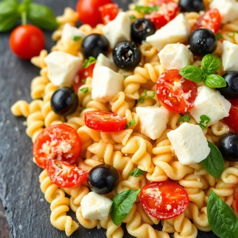 Close up view of a colorful high protein Italian pasta salad with rotini, olives, cherry tomatoes, cheese cubes, and basil leaves in natural light