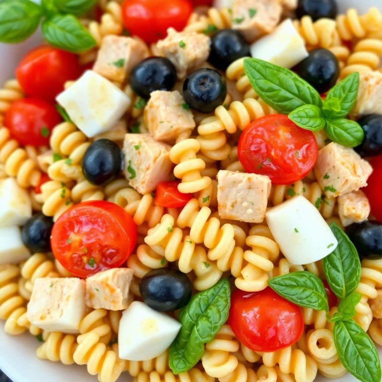 Close-up of high protein Italian pasta salad showing tri-color rotini, black olives, cherry tomatoes, mozzarella, and herbs