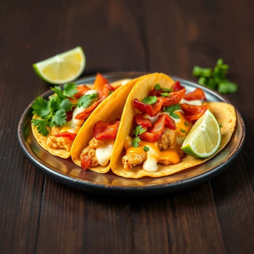Plated baked chicken bacon ranch tacos with a lime wedge