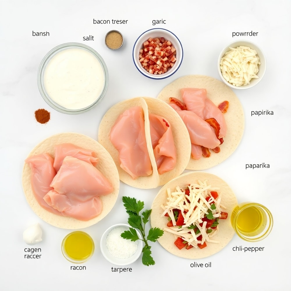 Raw ingredients for baked chicken bacon ranch tacos on a white marble surface