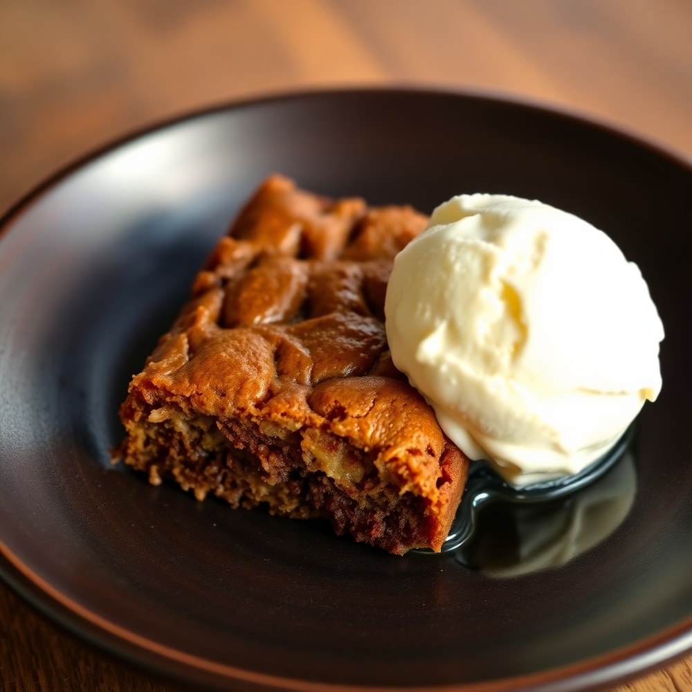 Plated Banana Bread Brownies with a scoop of vanilla ice cream