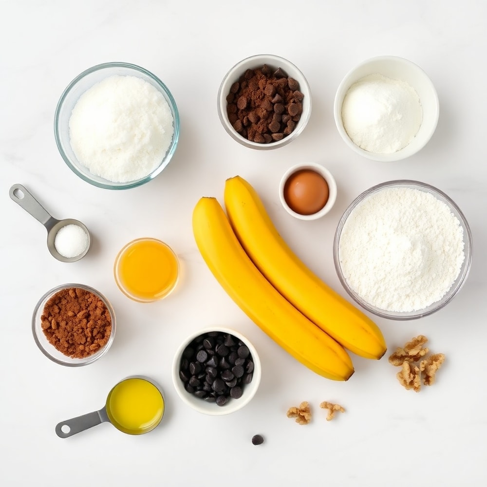 Banana Bread Brownies ingredients including ripe bananas, chocolate chips, and walnuts