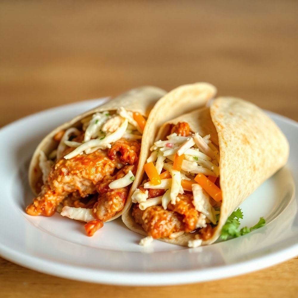 Plated BBQ Chicken Coleslaw Wraps with crispy chicken and melted cheese