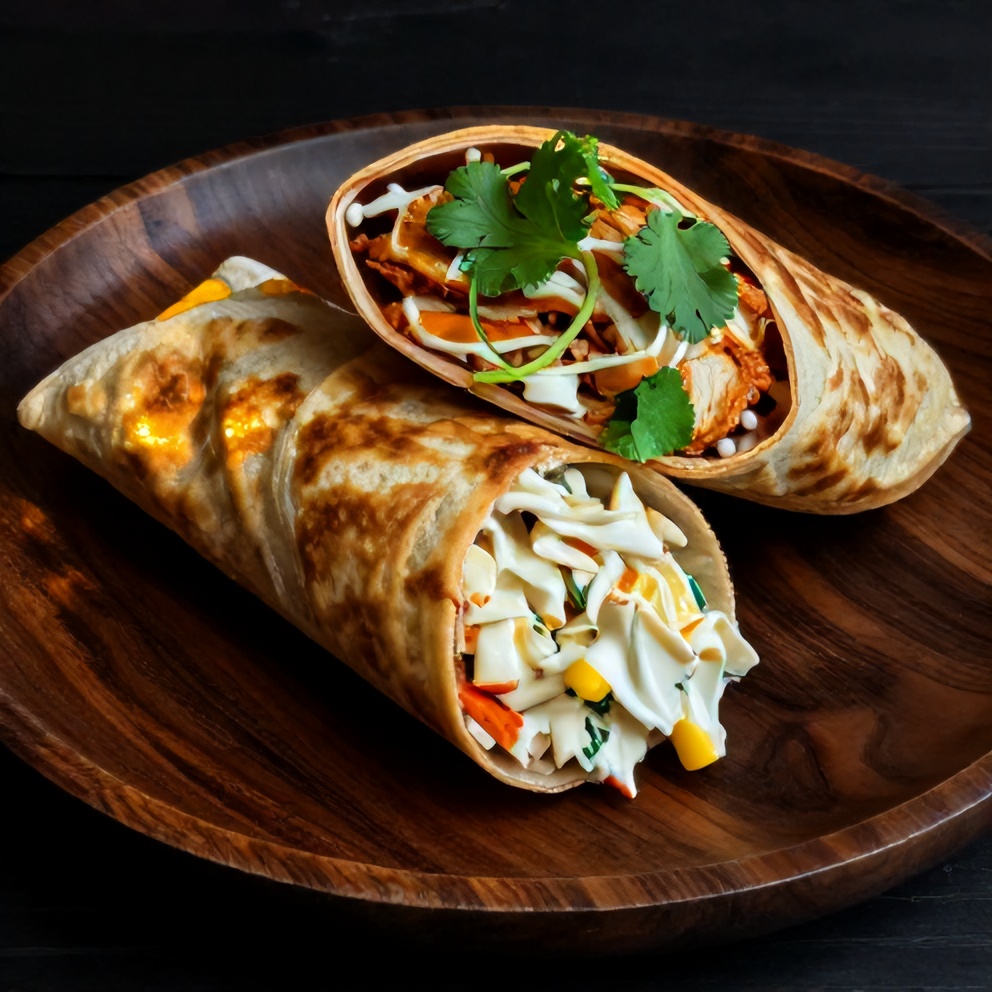One perfect plated serving of BBQ Chicken Coleslaw Wraps on a dark wooden plate, garnished with fresh cilantro. Warm side lighting highlighting crispy wrap edges and creamy coleslaw.