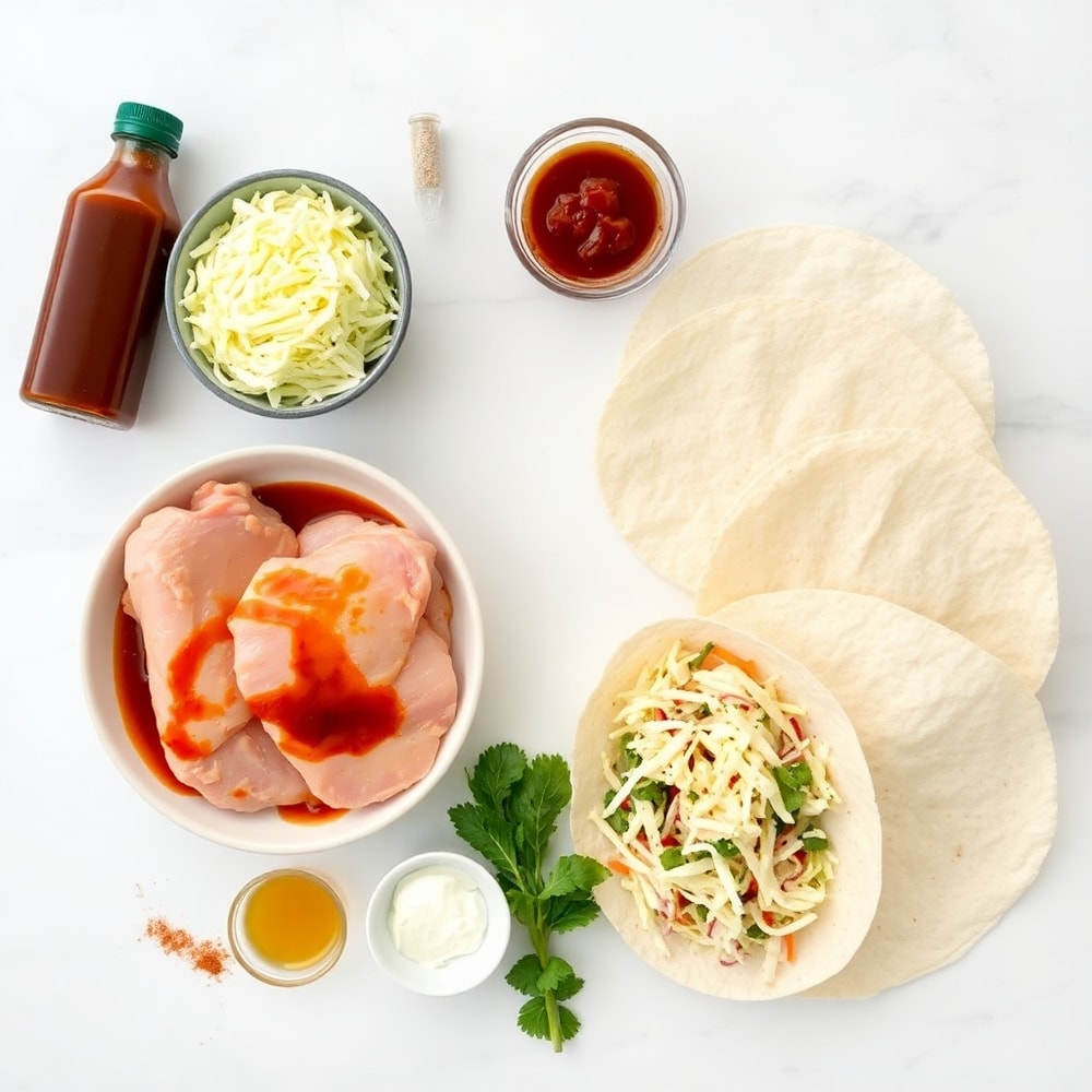 Raw ingredients for BBQ Chicken Coleslaw Wraps including chicken, coleslaw mix, BBQ sauce, and tortilla wraps