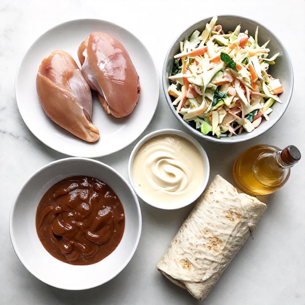 Overhead flat lay of raw ingredients: chicken breasts, BBQ sauce, coleslaw mix, mayo, apple cider vinegar, honey, wrap tortillas. Prep bowls and measuring spoons visible, white marble surface, bright even light.