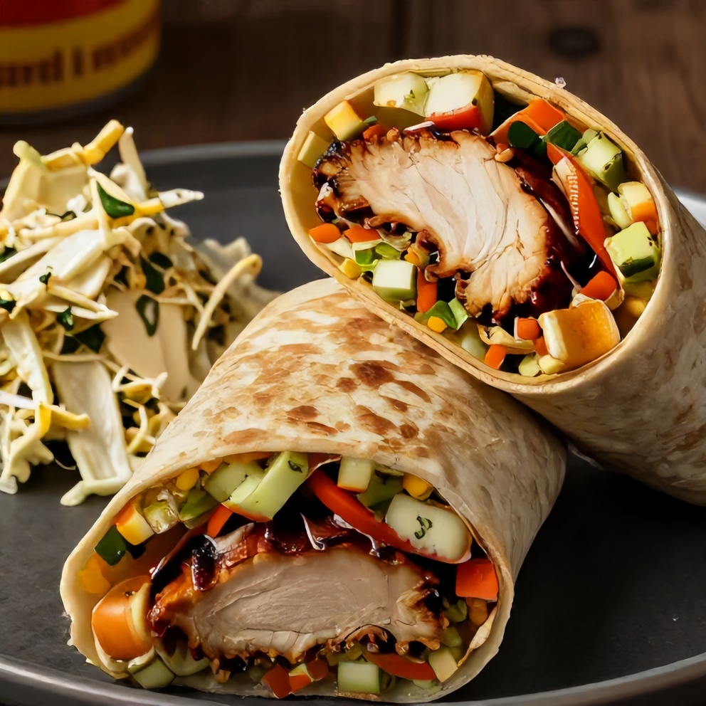 Plated BBQ Chicken Wrap with a side of coleslaw