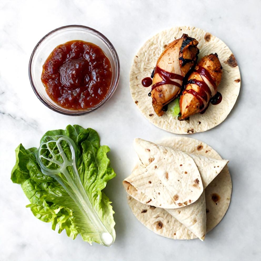 BBQ Chicken Wrap ingredients on a marble surface