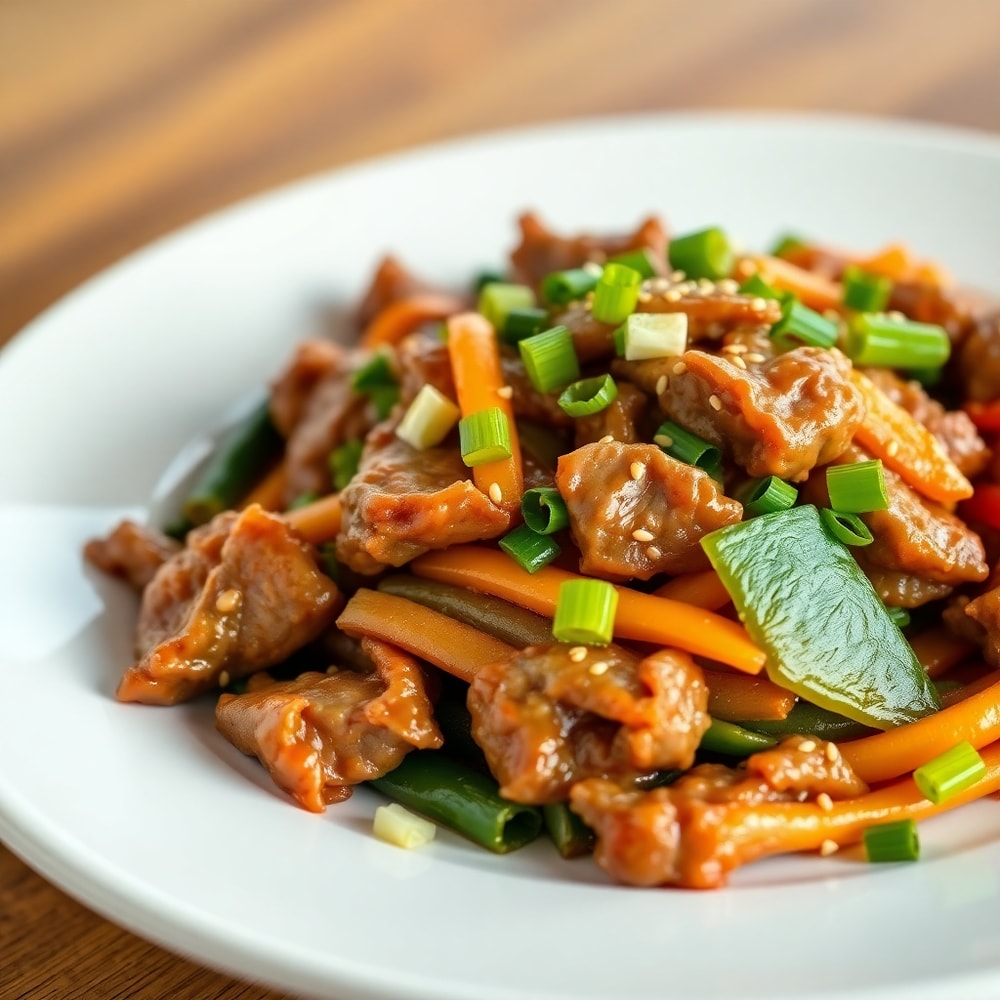 Beef stir fry with vegetables on a plate