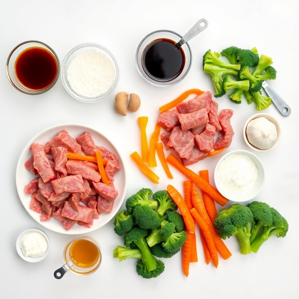 Raw ingredients for beef stir fry with vegetables