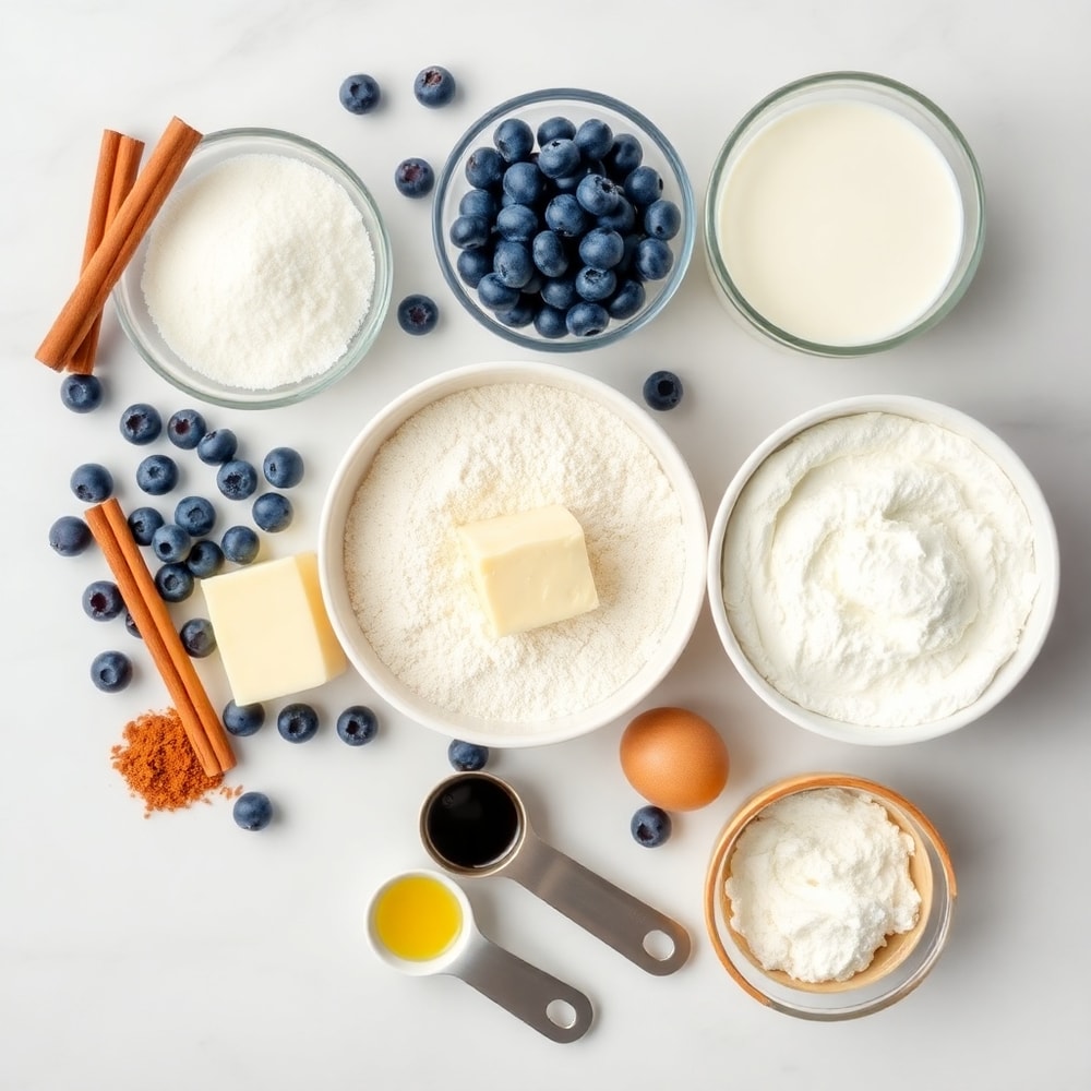 Blueberry Cinnamon Rolls ingredients on a marble surface