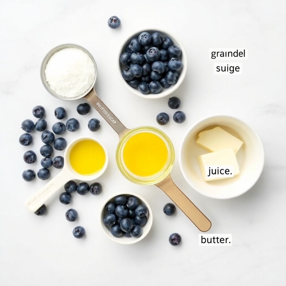 Blueberries, sugar, lemon juice, and butter arranged on a wooden surface