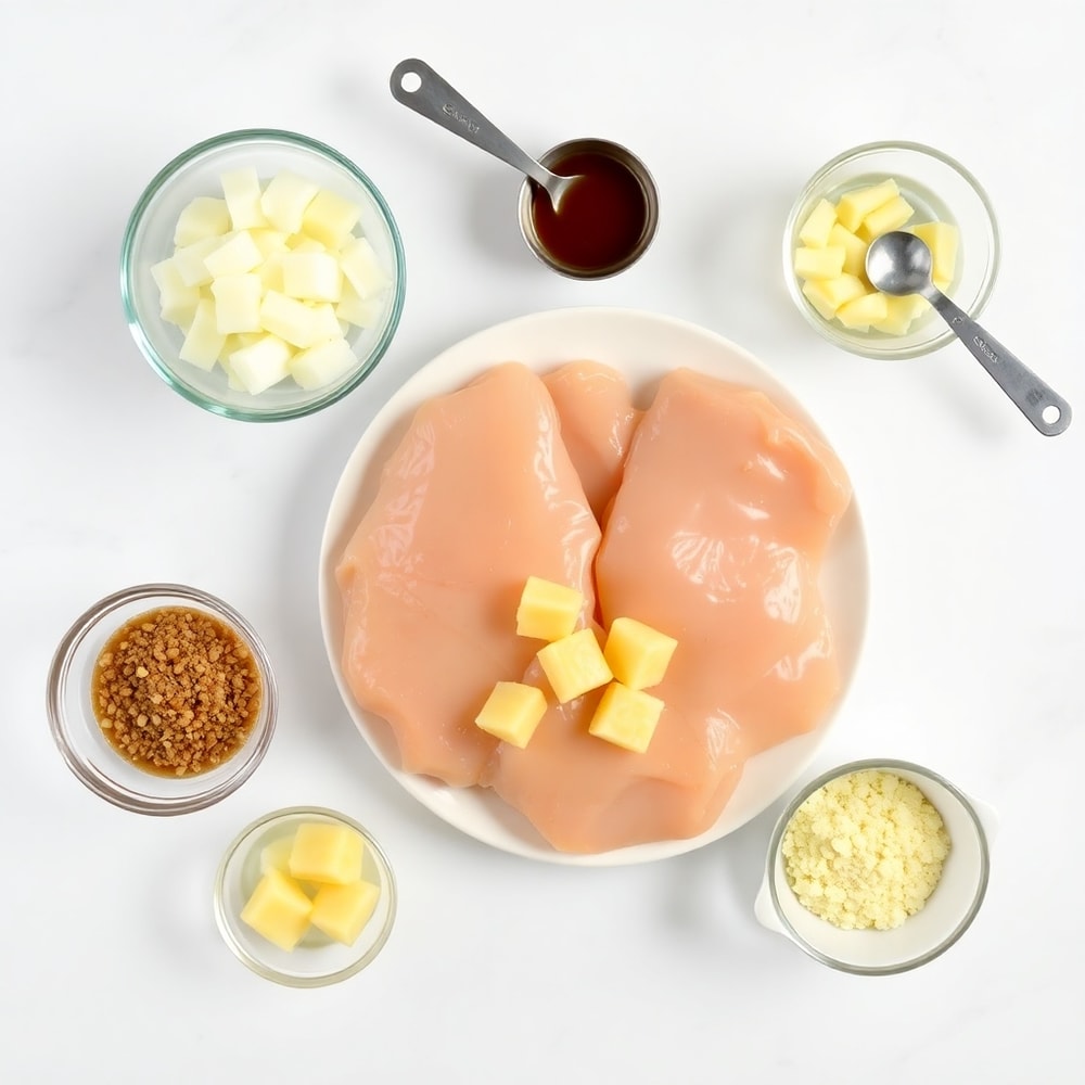 Raw ingredients for Brown Sugar Pineapple Chicken on a marble surface