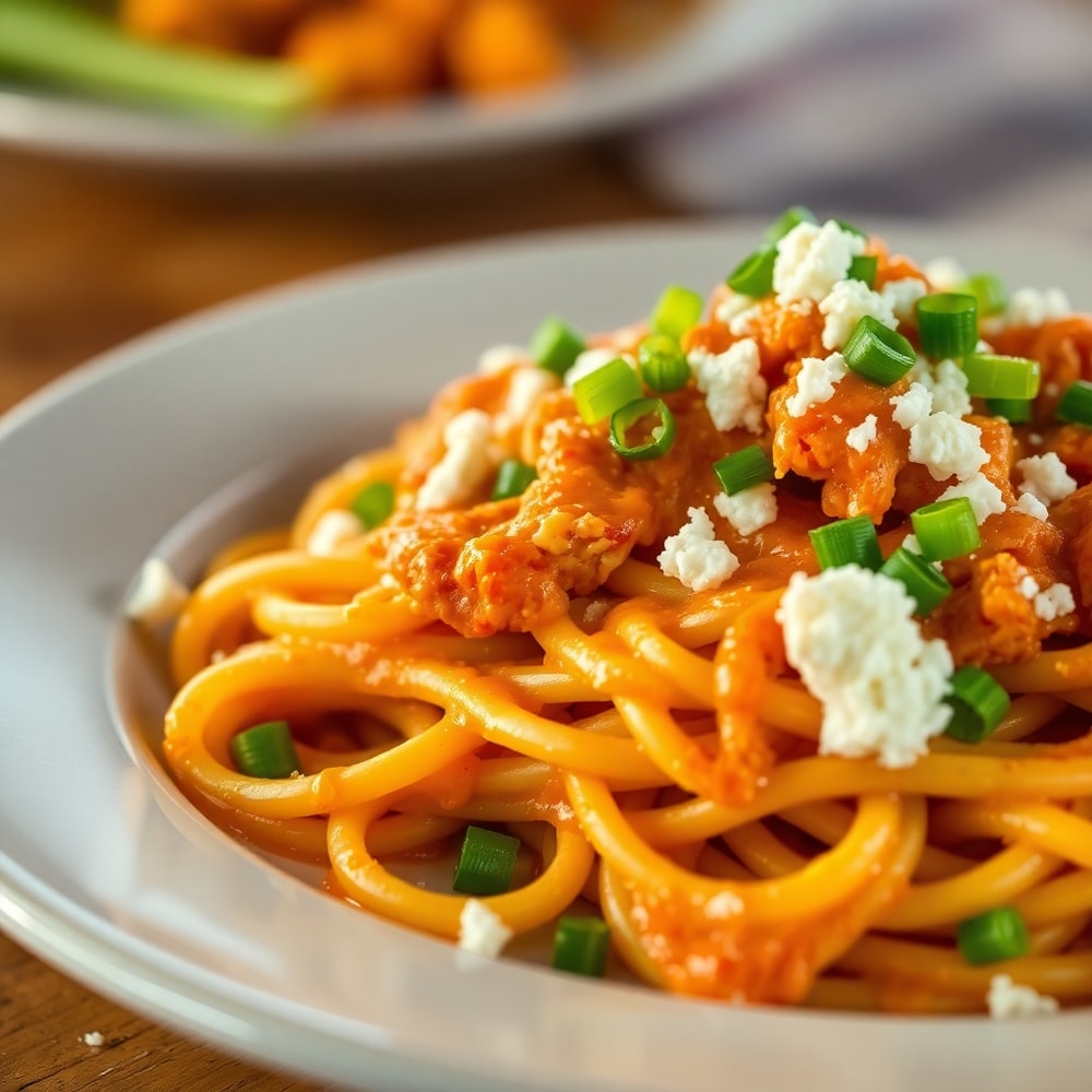 Plated One-Pot Buffalo Chicken Pasta with garnish