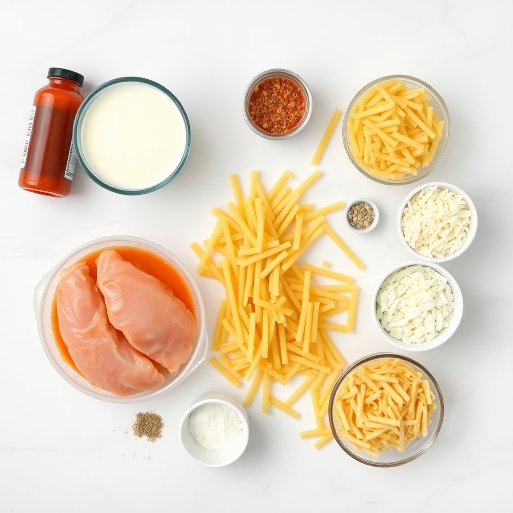 Raw ingredients for One-Pot Buffalo Chicken Pasta on marble surface