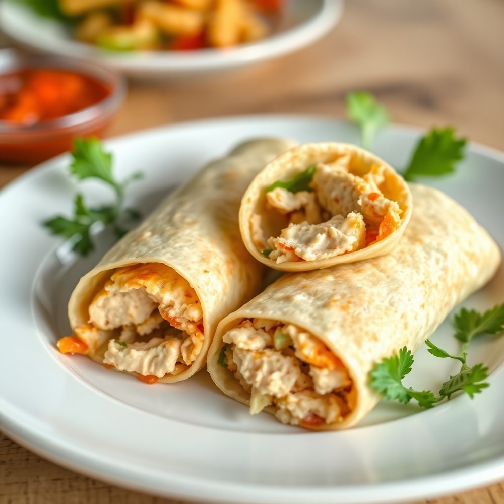 Close-up of a plated Chicken Caesar Wrap