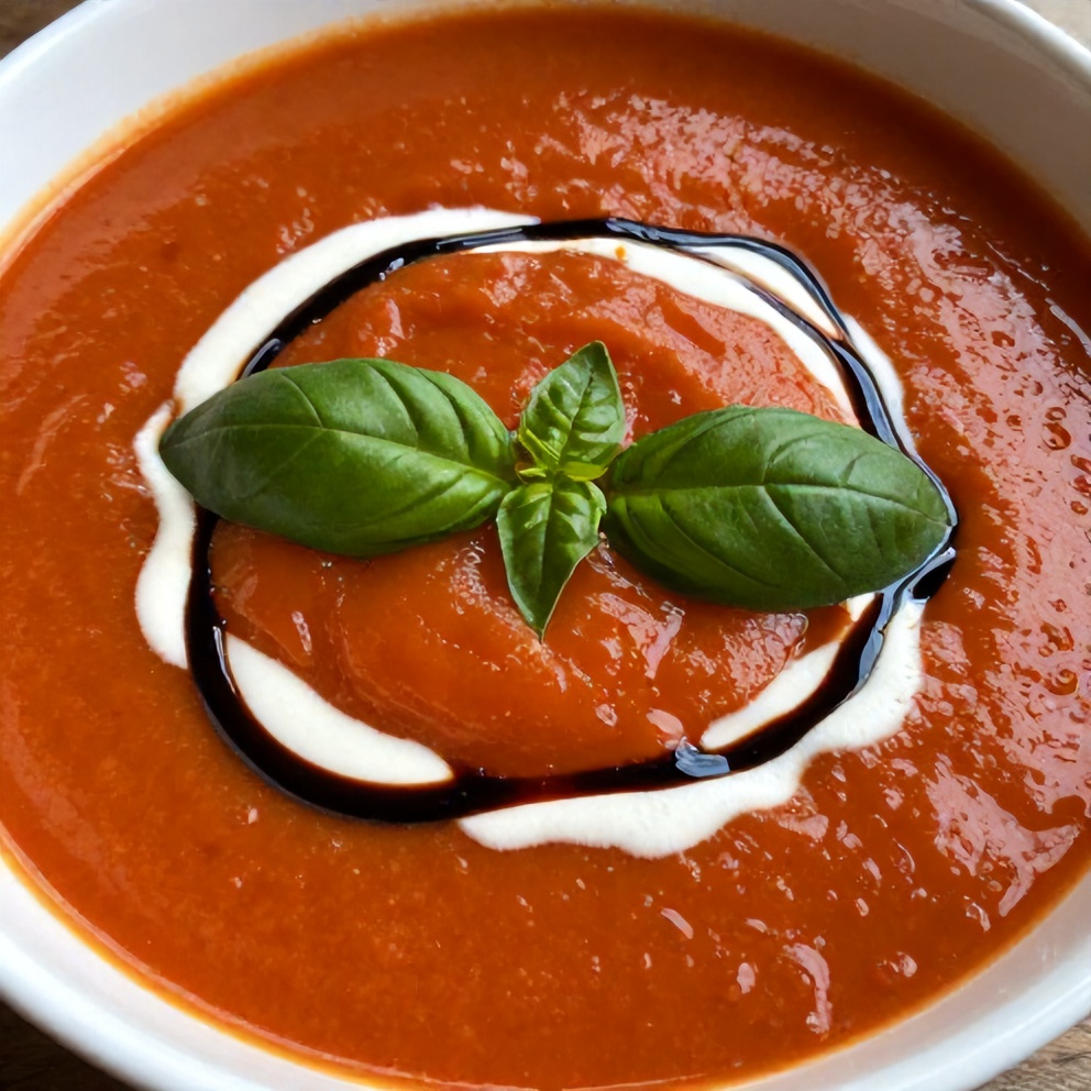 Bowl of Chilled Roasted Tomato Basil Soup with Coconut Cream