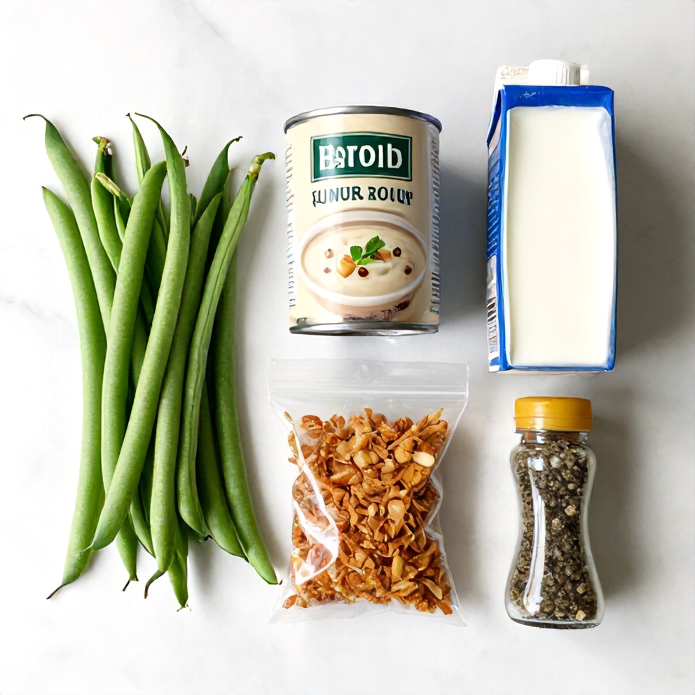 Fresh green beans, cream of mushroom soup, crispy onions, and other ingredients for green bean casserole