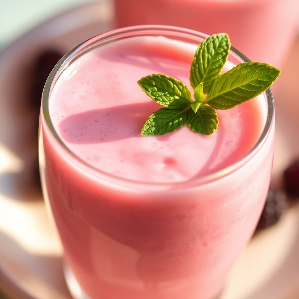 Blackberry Coconut Pink Drink garnished with a mint leaf