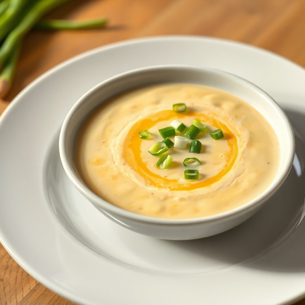Bowl of Creamy Baked Potato Soup with Green Onions