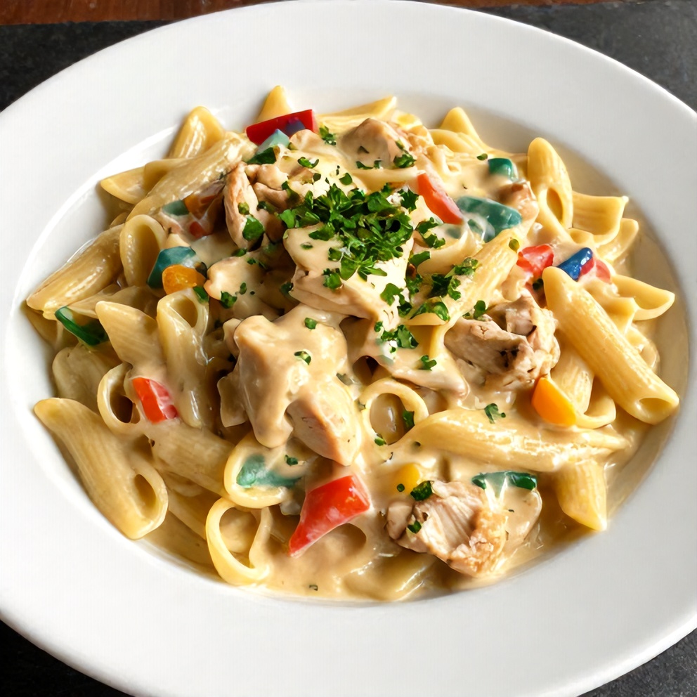 A close-up of Creamy Cajun Chicken Pasta on a plate with a sprinkle of chopped parsley