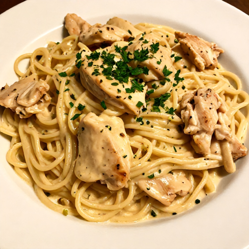 Plated Cajun Chicken Pasta with parsley garnish