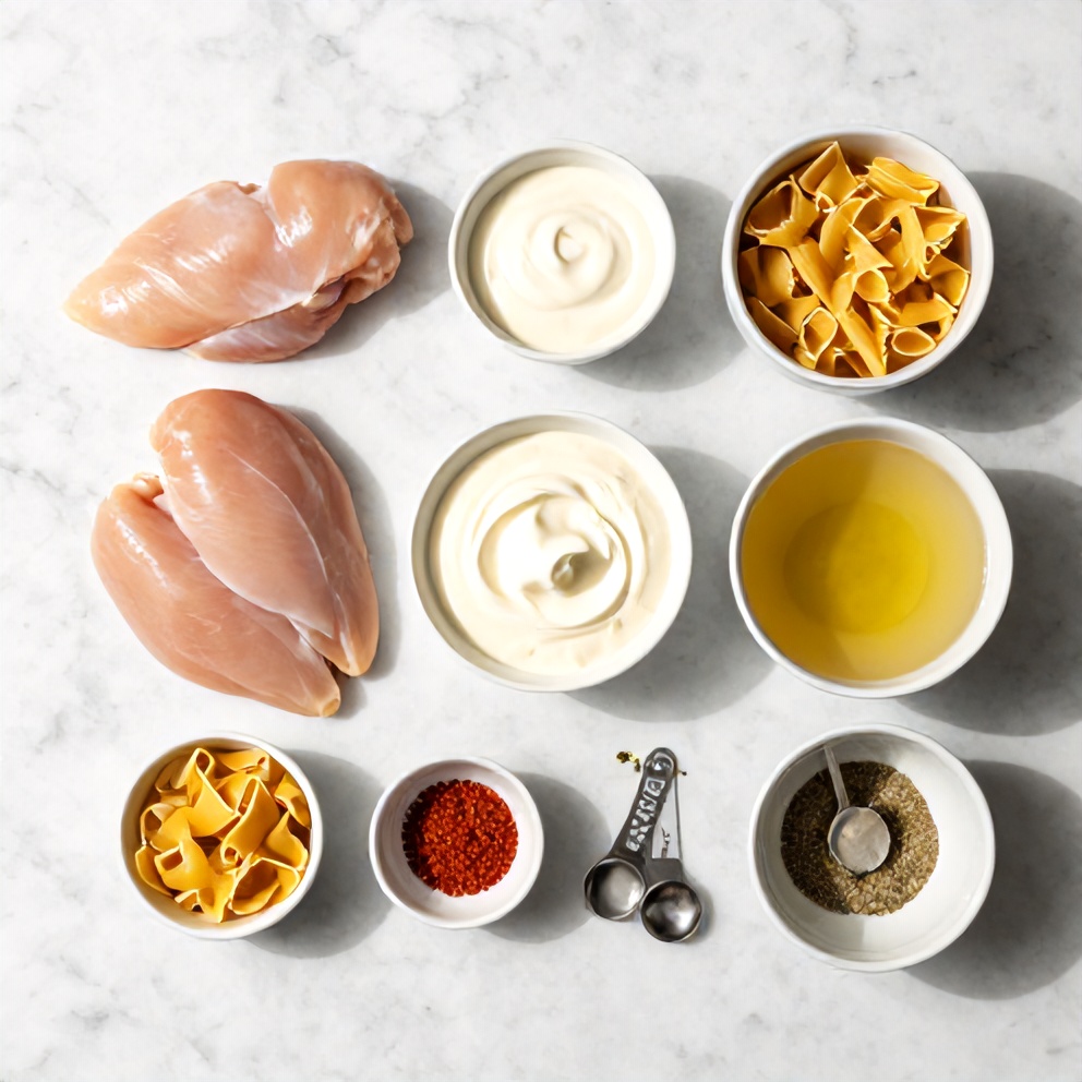 Raw ingredients for Creamy Cajun Chicken Pasta laid out on a white marble countertop