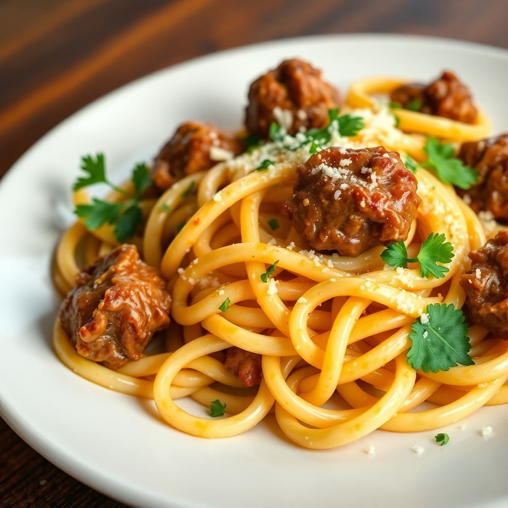 Plated Creamy Garlic Butter Steak Bites with Spicy Cajun Alfredo Twisted Pasta
