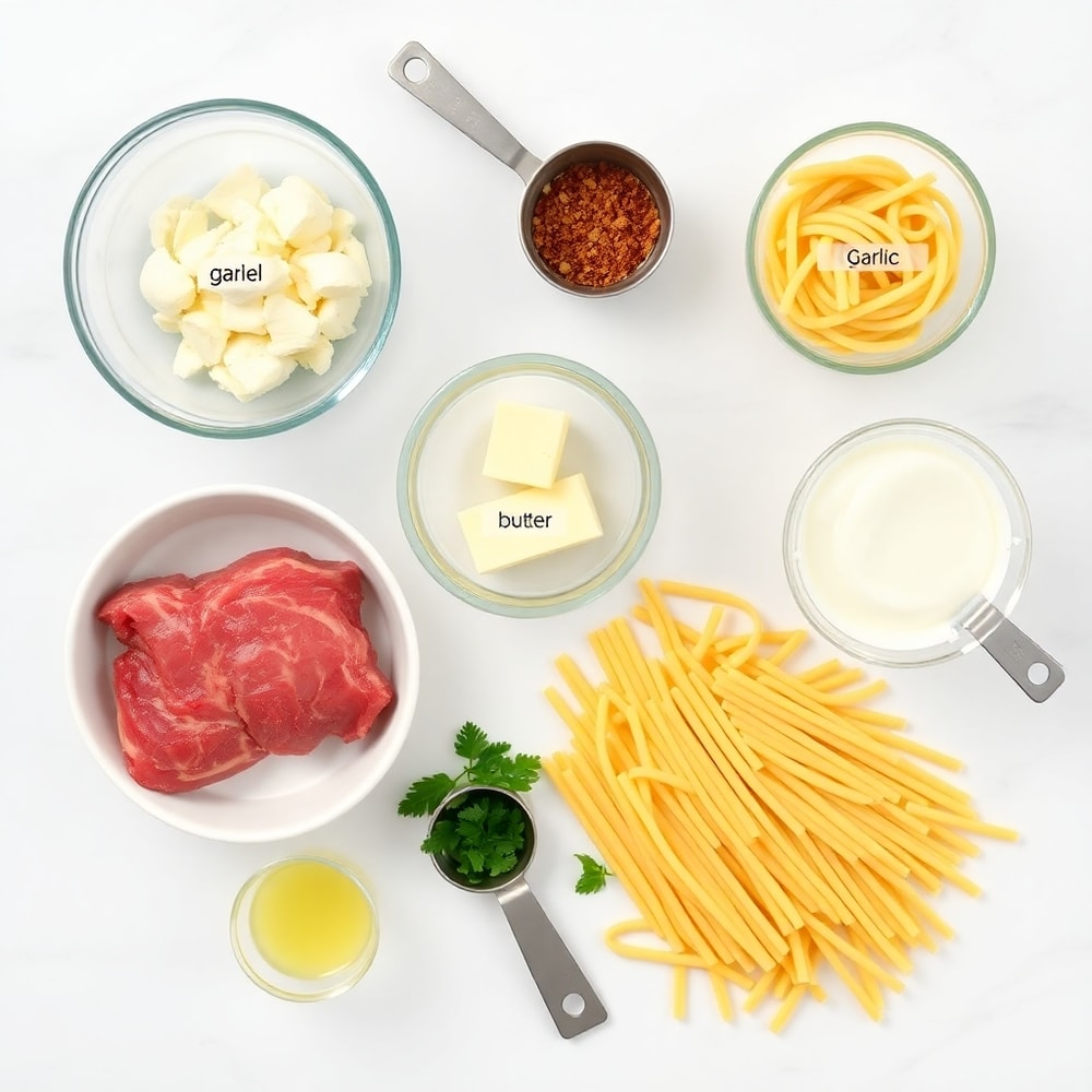 Raw ingredients for Creamy Garlic Butter Steak Bites with Spicy Cajun Alfredo Twisted Pasta