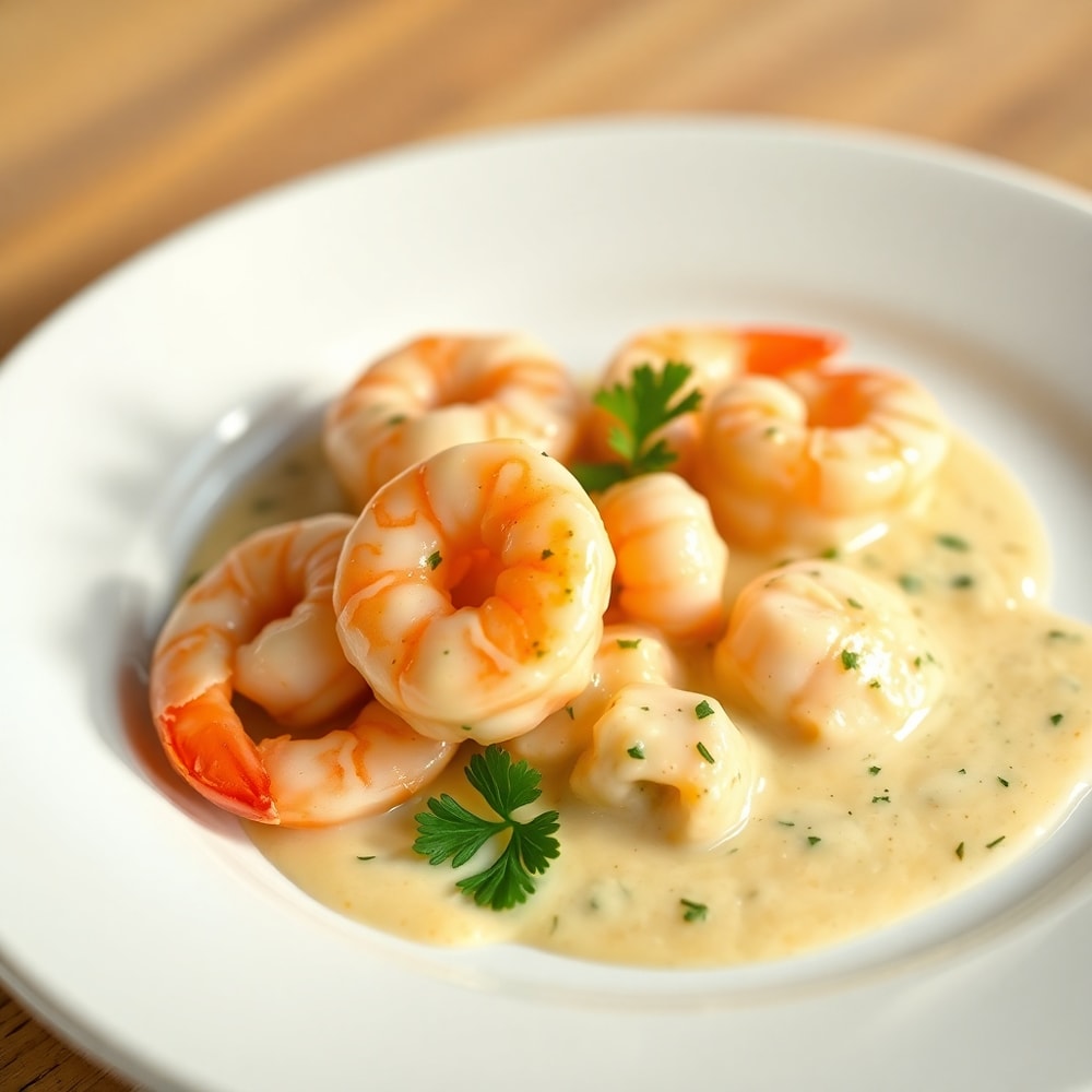 Plated creamy garlic shrimp with parsley garnish on a white plate