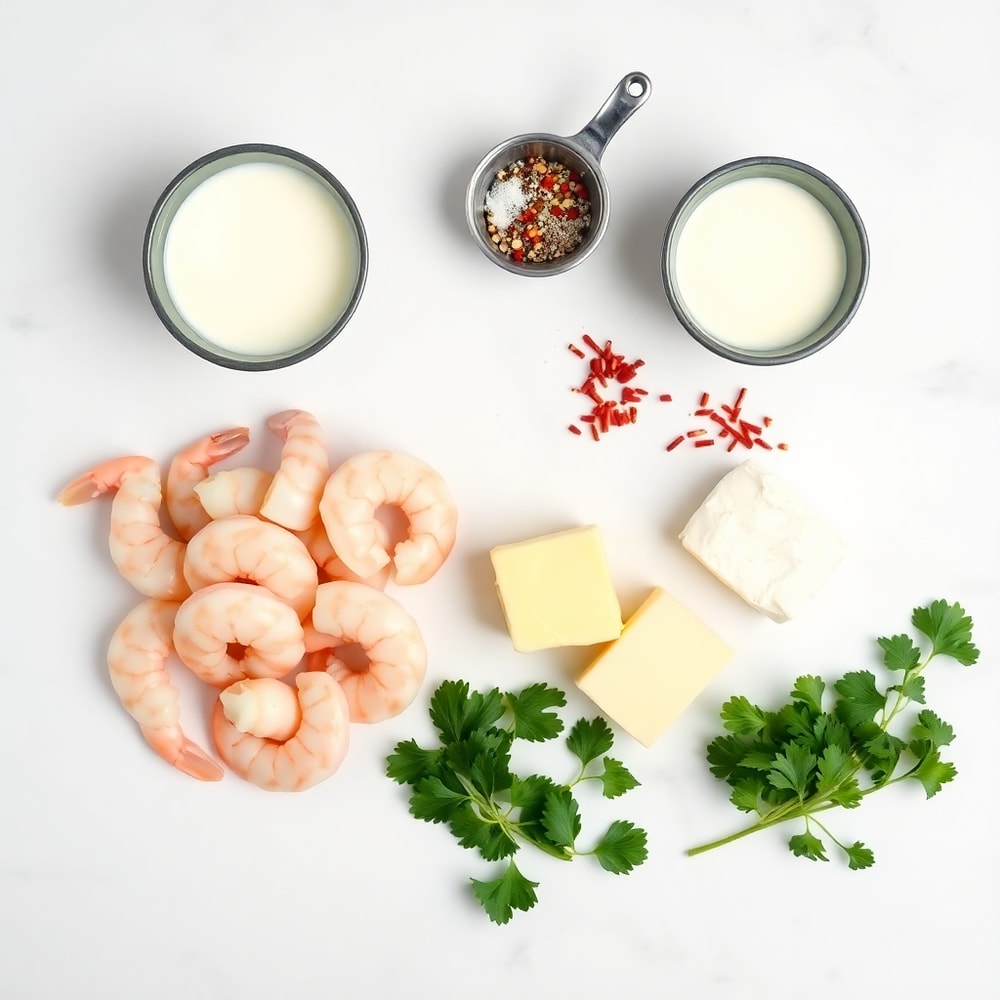 Raw ingredients for creamy garlic shrimp on a marble surface