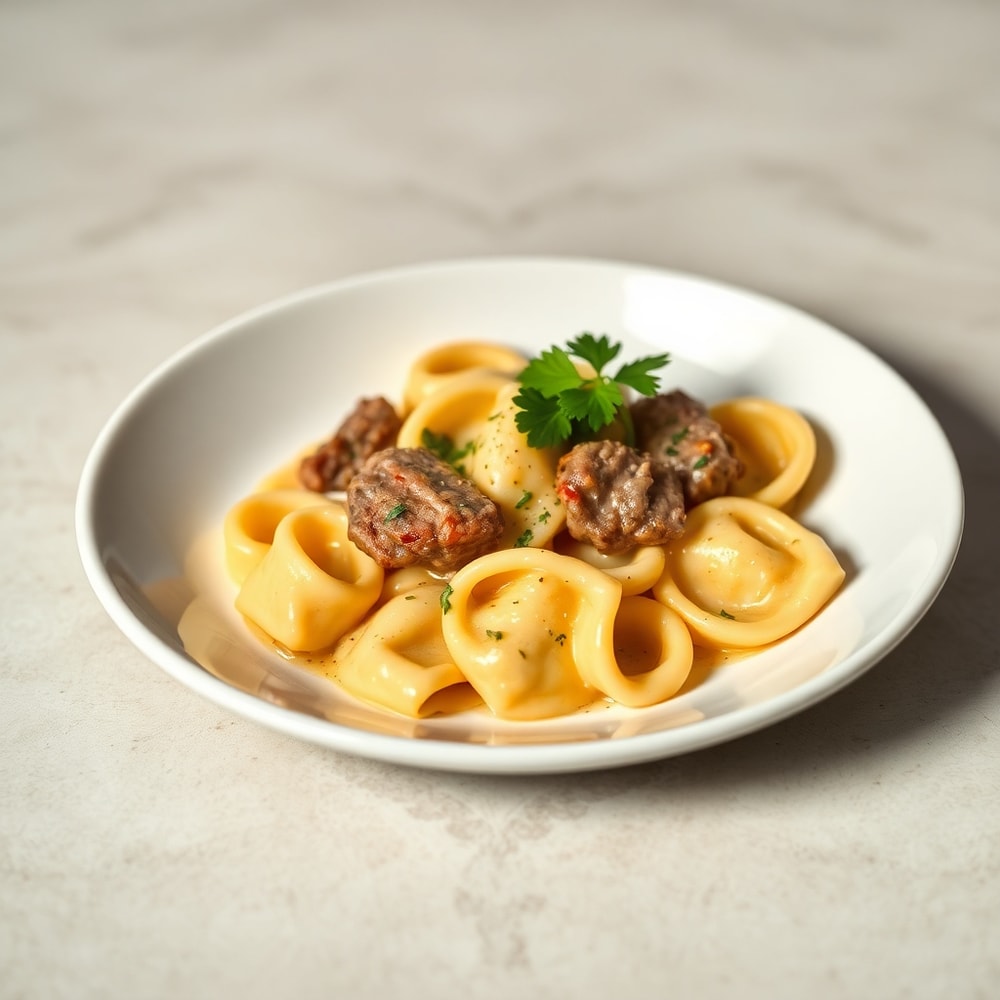 One perfect plated serving of creamy garlic steak tortellini on a white plate, garnished with fresh parsley, warm side lighting highlighting texture, photorealistic food photography