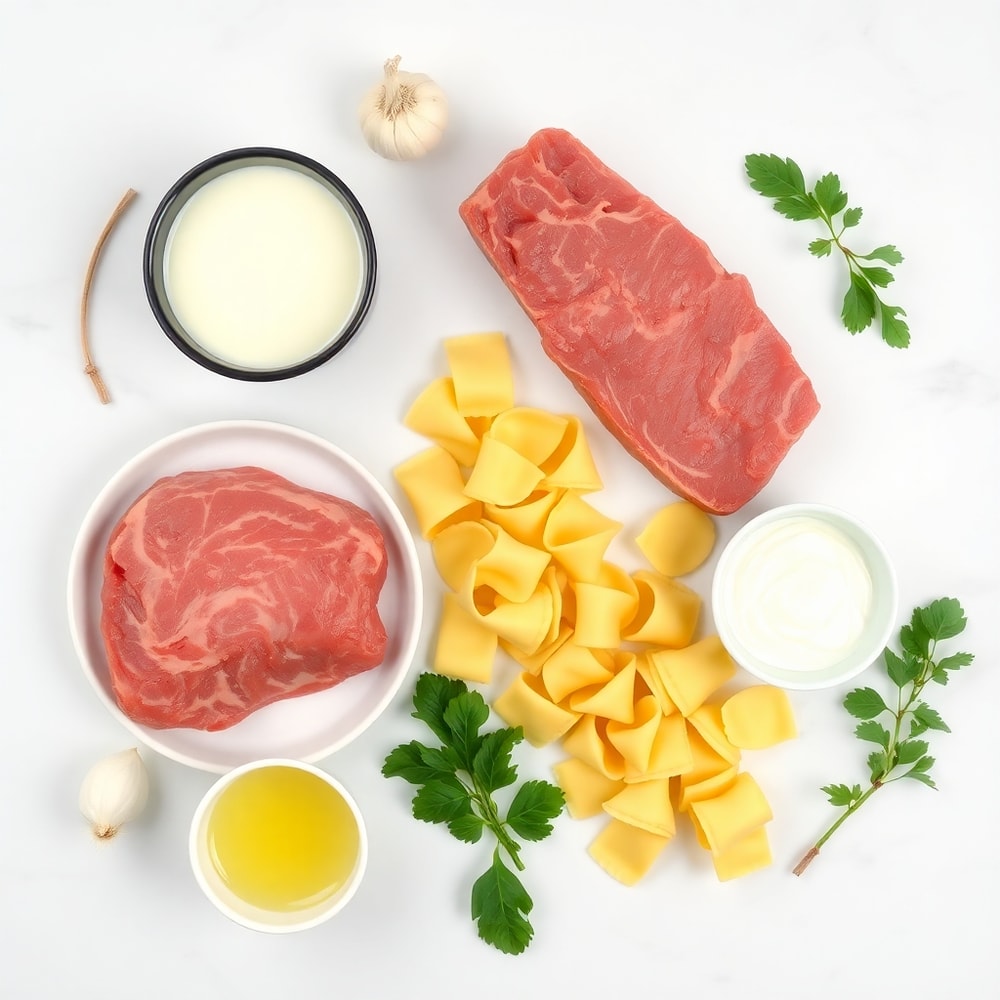 Raw ingredients for Creamy Garlic Steak Tortellini arranged in an overhead flat lay, including steak, tortellini, garlic, heavy cream, and butter, on a white marble surface with bright even light, photorealistic overhead food photography