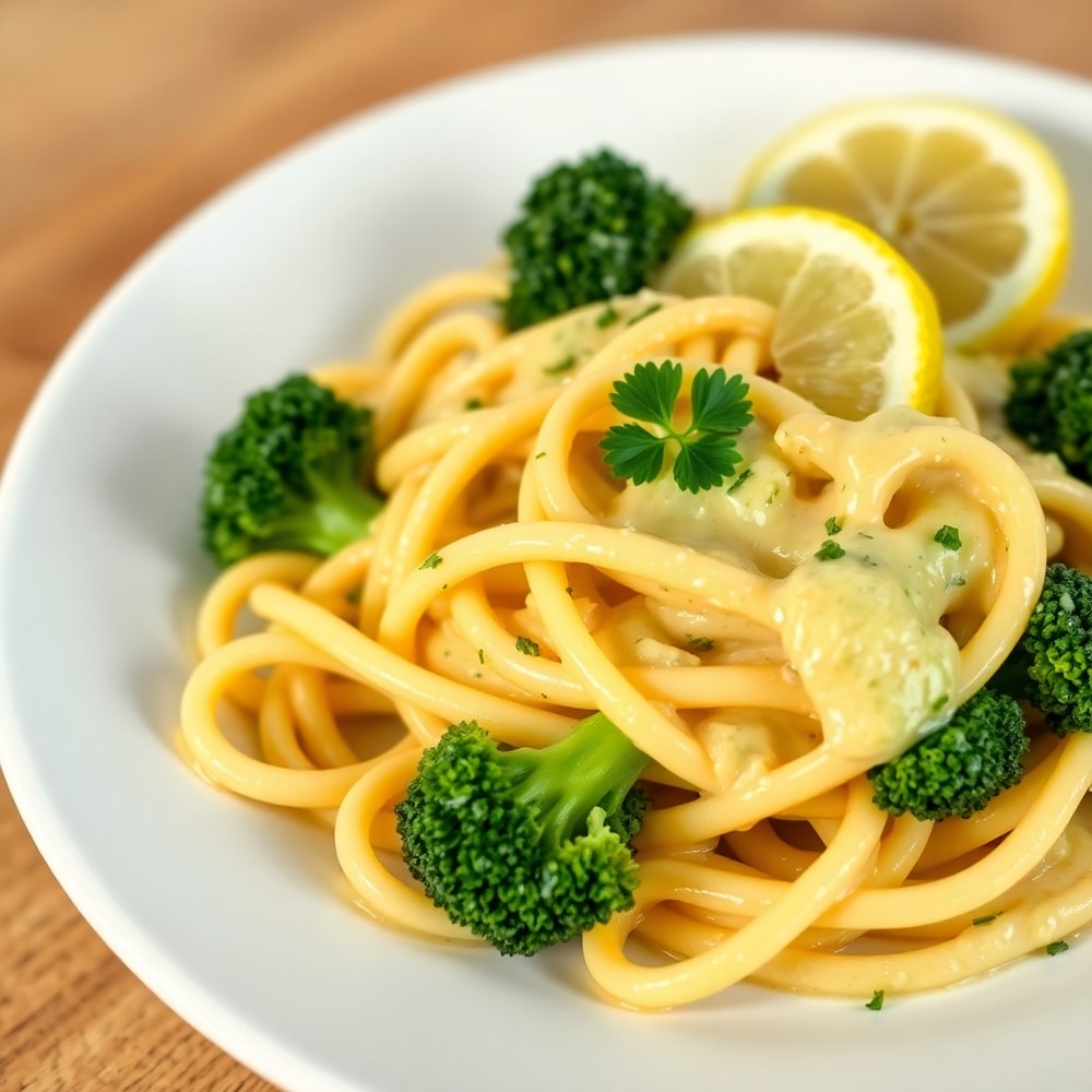 Plated serving of Creamy Mafaldine Pasta Limone with Broccoli