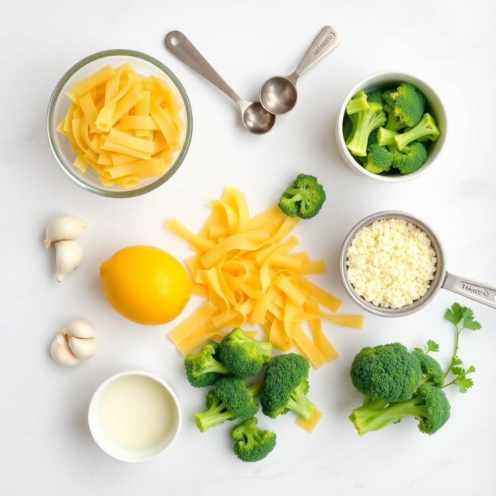 Raw ingredients for Creamy Mafaldine Pasta Limone with Broccoli