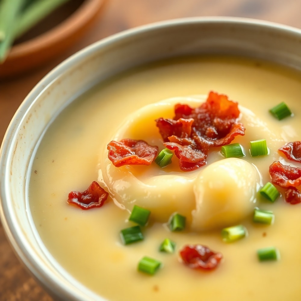 Bowl of creamy potato soup with crispy bacon and green onions