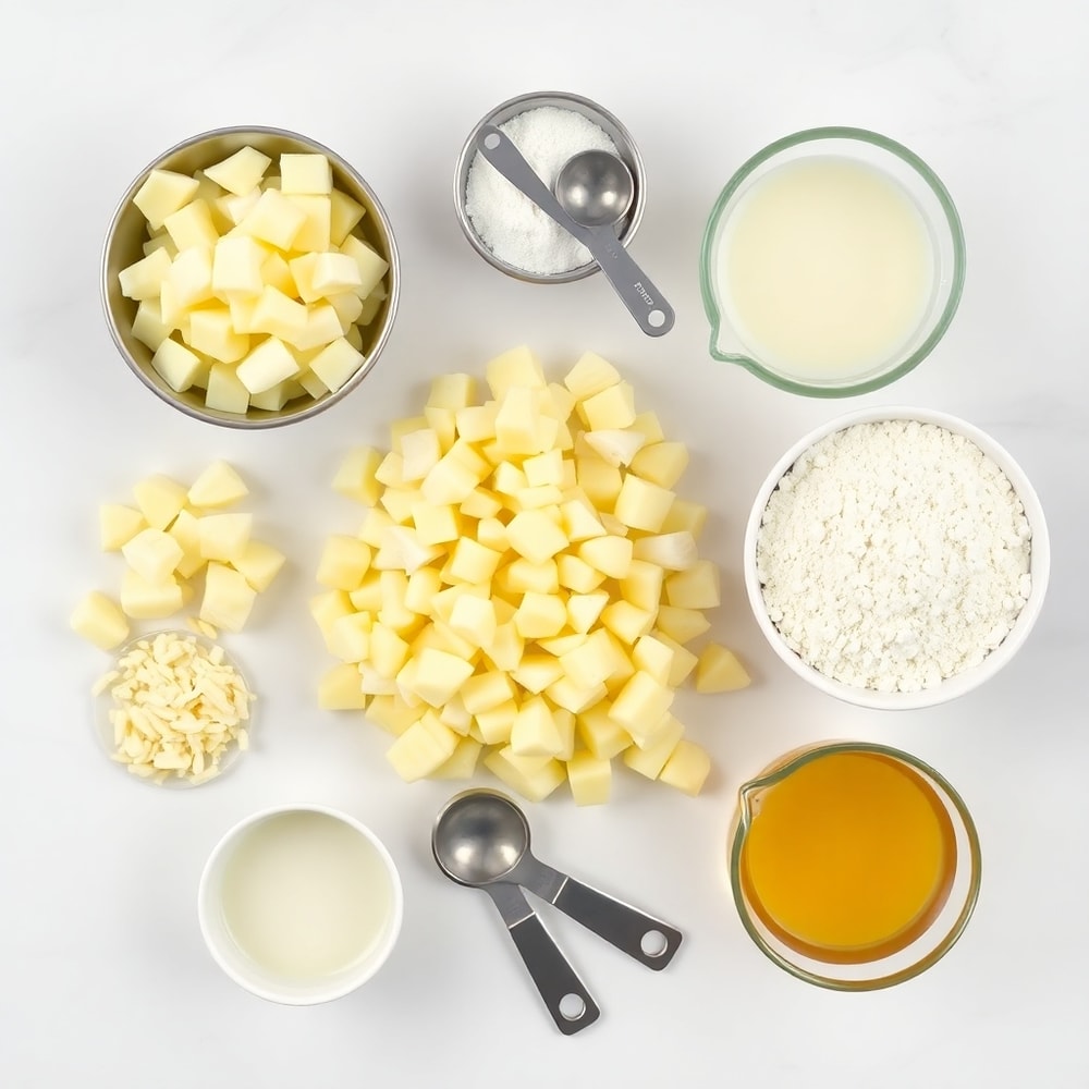 Ingredients for creamy potato soup: potatoes, onion, garlic, butter, flour, milk, chicken broth, salt, pepper, bacon, green onions