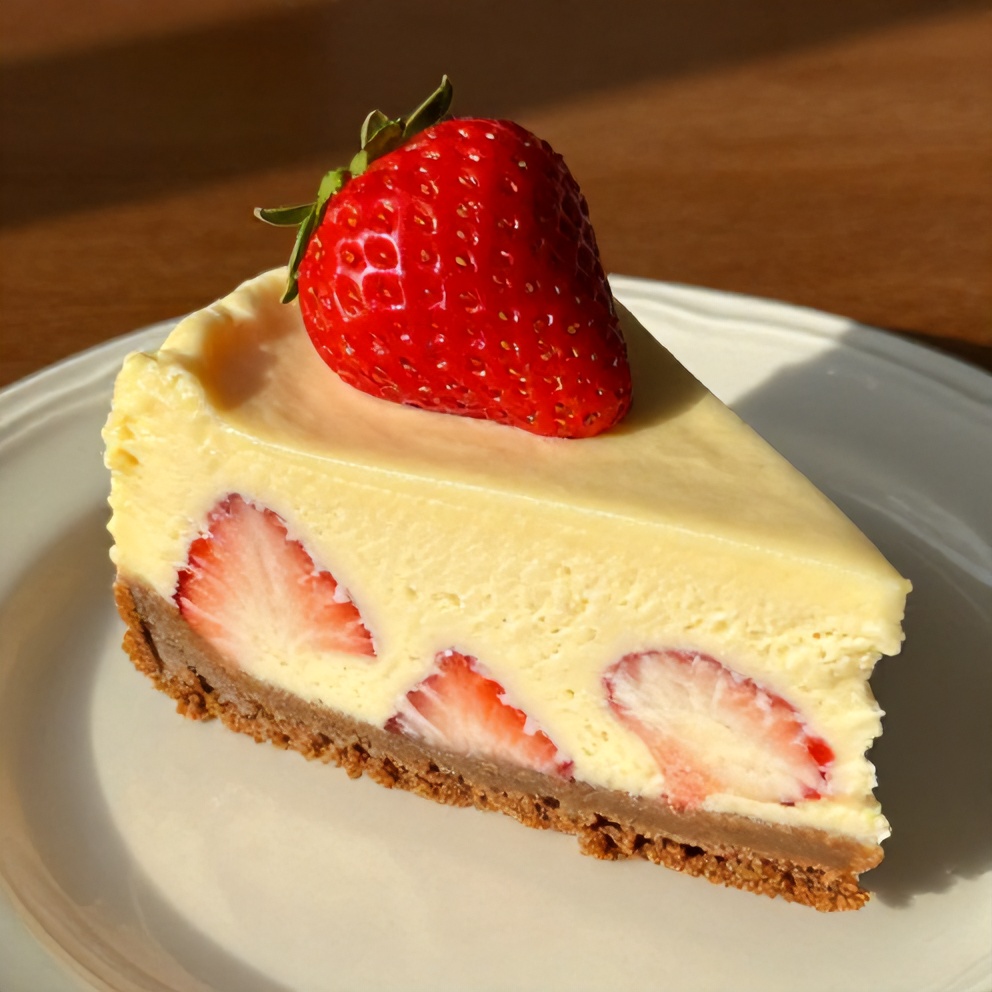 Sliced Creamy Strawberry Swirl Cheesecake on a white plate with a strawberry on top