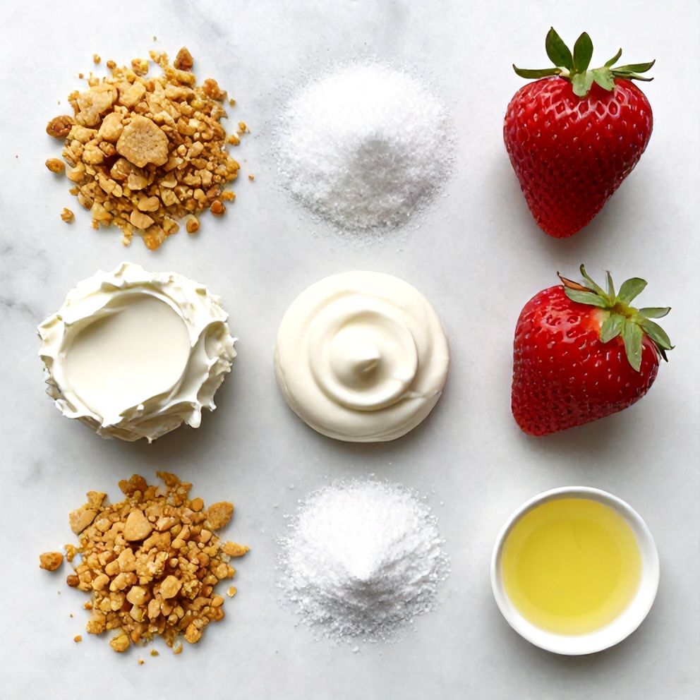 Raw ingredients for Creamy Strawberry Swirl Cheesecake on a marble surface