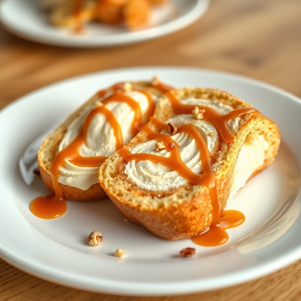 Sliced Creamy Swirl Ice Cream Bread Treat on a white plate