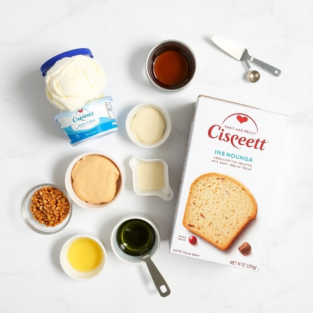 Ingredients for Creamy Swirl Ice Cream Bread Treat on a white marble surface