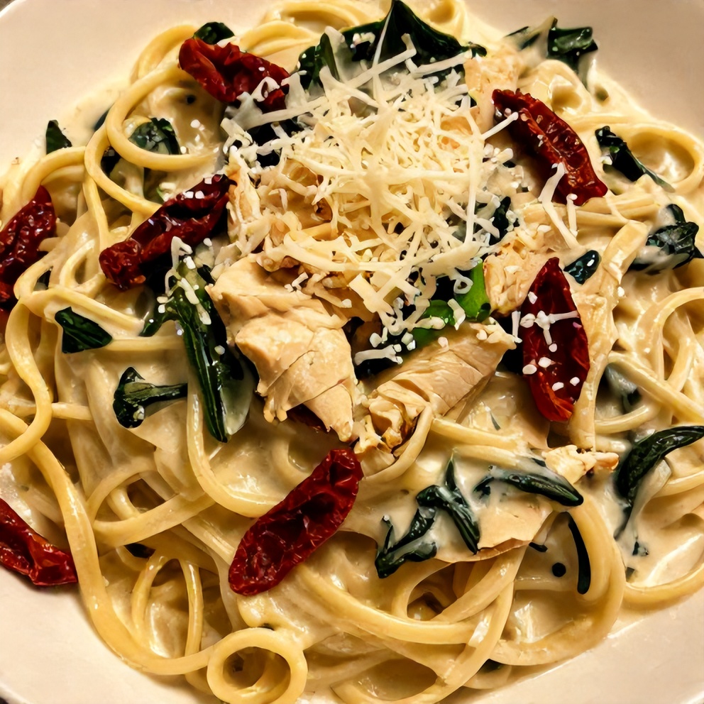 Plated Creamy Tuscan Chicken Pasta, creamy sauce, chicken, spinach, sun-dried tomatoes, parmesan cheese garnish, close crop, warm side lighting