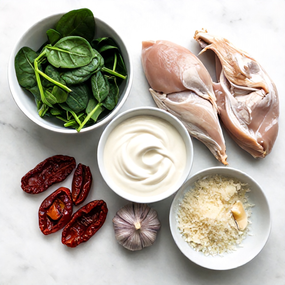 Raw ingredients for Creamy Tuscan Chicken Pasta: chicken breasts, spinach, sun-dried tomatoes, garlic, heavy cream, parmesan cheese, arranged on white marble surface, bright even light