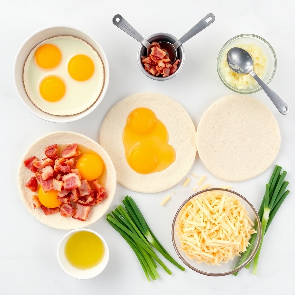Raw ingredients for Bacon Egg and Cheese Breakfast Quesadillas