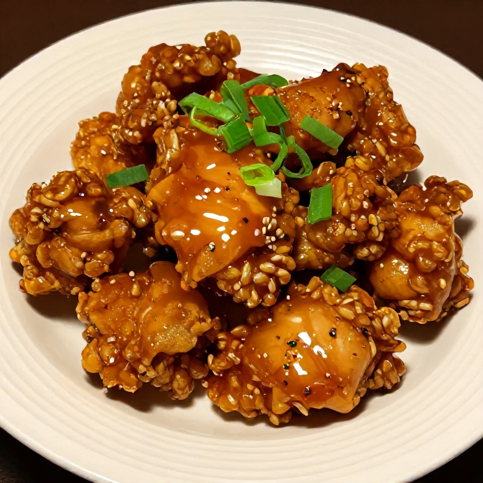 Plated serving of Crispy Bang Bang Chicken with green onions