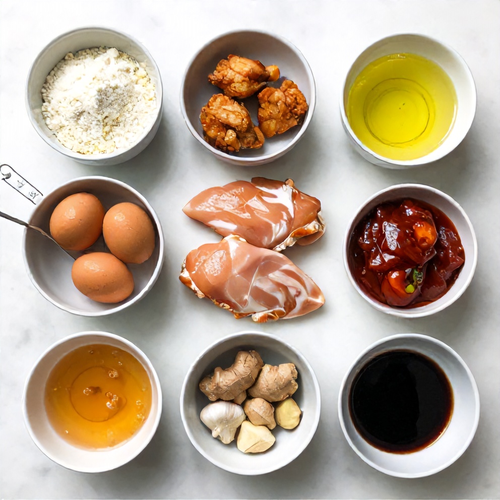 Raw ingredients for Crispy Bang Bang Chicken on a white marble surface