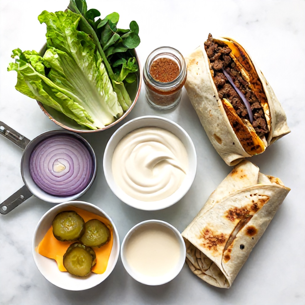 Ingredients for Crispy Big Mac Wrap laid out