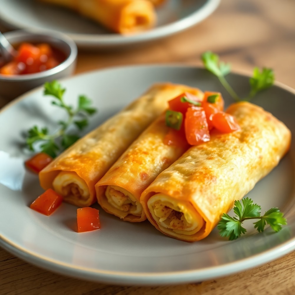 Plated breakfast egg rolls with a side of salsa