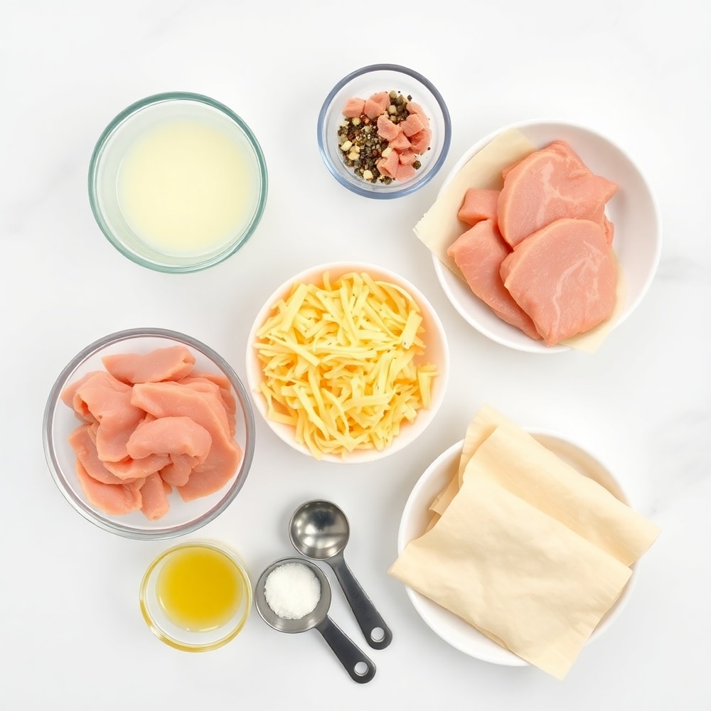 Raw ingredients for breakfast egg rolls on a marble surface