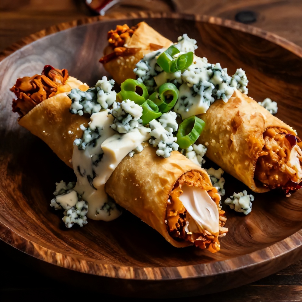 Plated Buffalo Chicken Taquitos with blue cheese crumbles